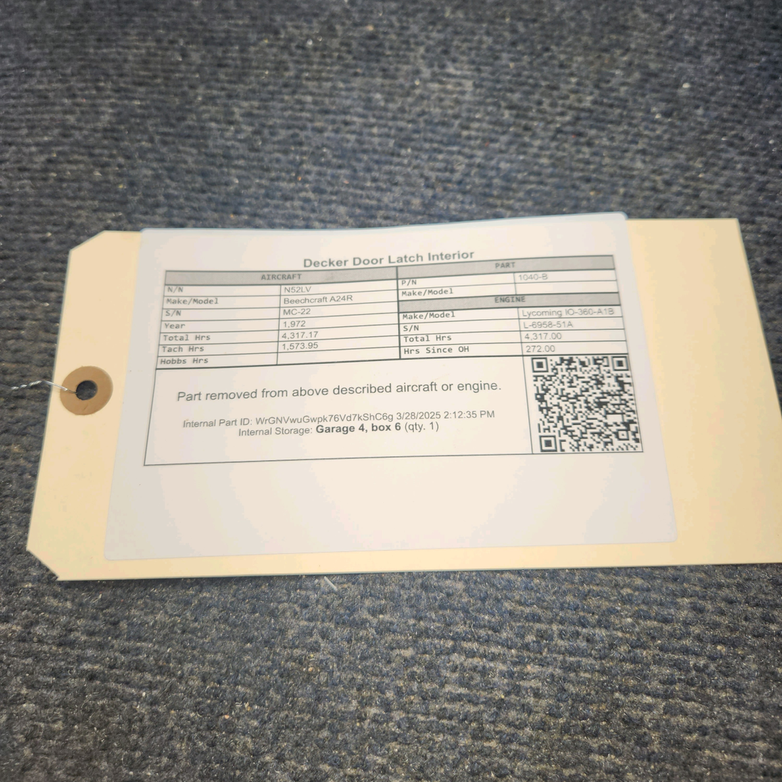 Used aircraft parts for sale, 1040-B Beechcraft A24R Decker Door Latch Interior