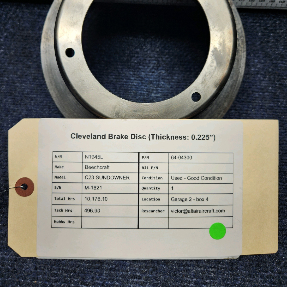 Used aircraft parts for sale, 64-04300 Cleveland Beechcraft C23 SUNDOWNER CLEVELAND BRAKE DISC (THICKNESS: 0.225”)