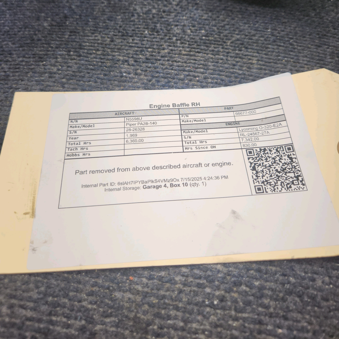 Used aircraft parts for sale, 66677-000 Lycoming O-320 Piper PA28-140 Engine Baffle - RH