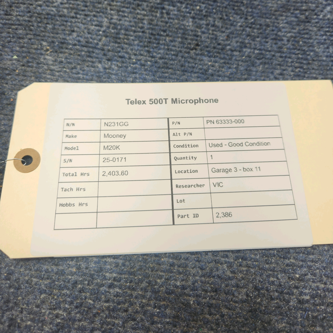 Used aircraft parts for sale, PN 63333-000 Mooney M20K TELEX 500T MICROPHONE