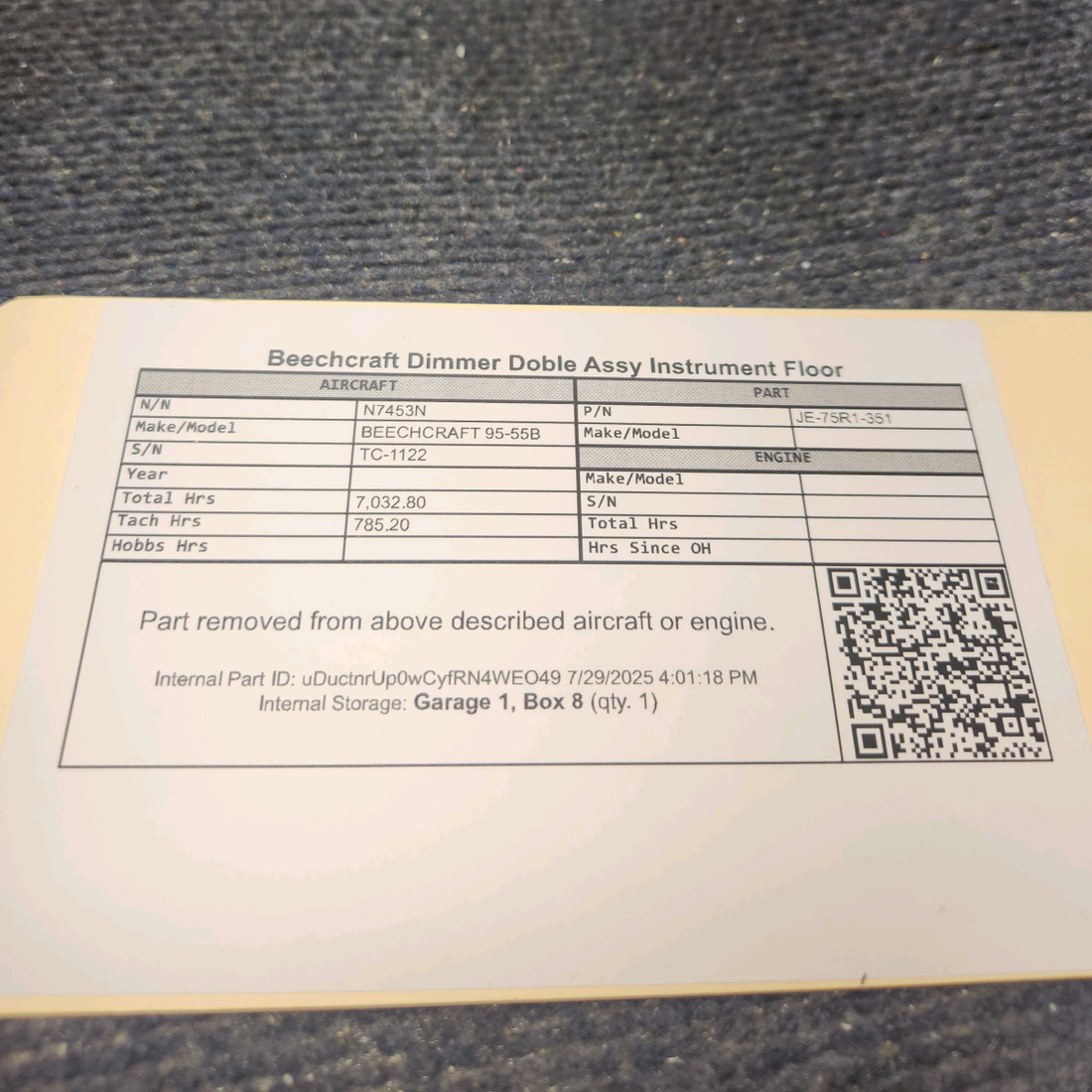 Used aircraft parts for sale, JE-75R1-351 BEECHCRAFT 95-55B Dimmer Double Assy Instrument Floor