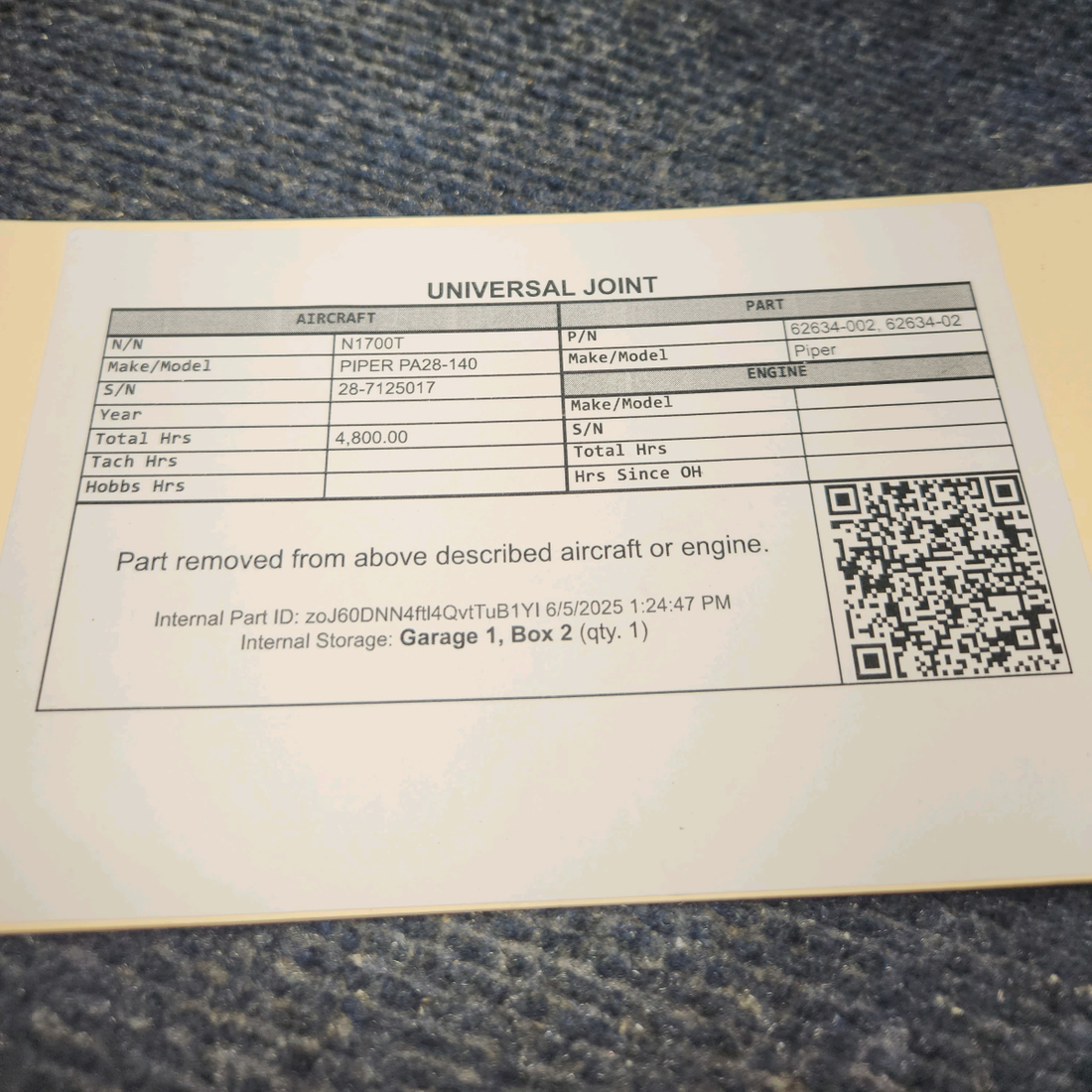 Used aircraft parts for sale, 62634-002 PIPER PA28-140 Universal Joint