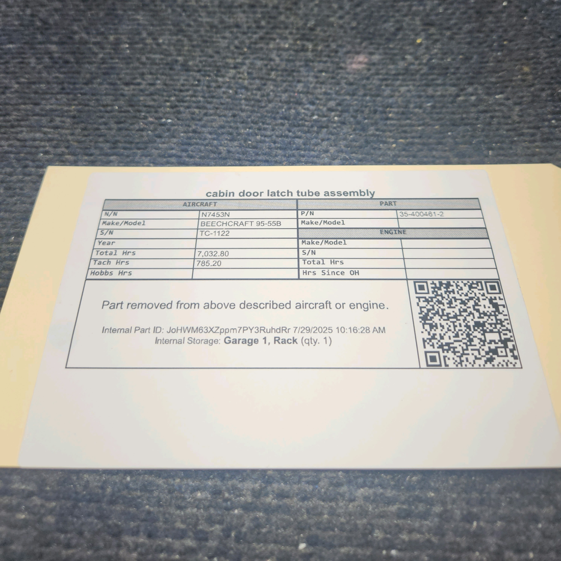 Used aircraft parts for sale, 35-400461-2 BEECHCRAFT 95-55B Cabin Door Latch Tube Assembly