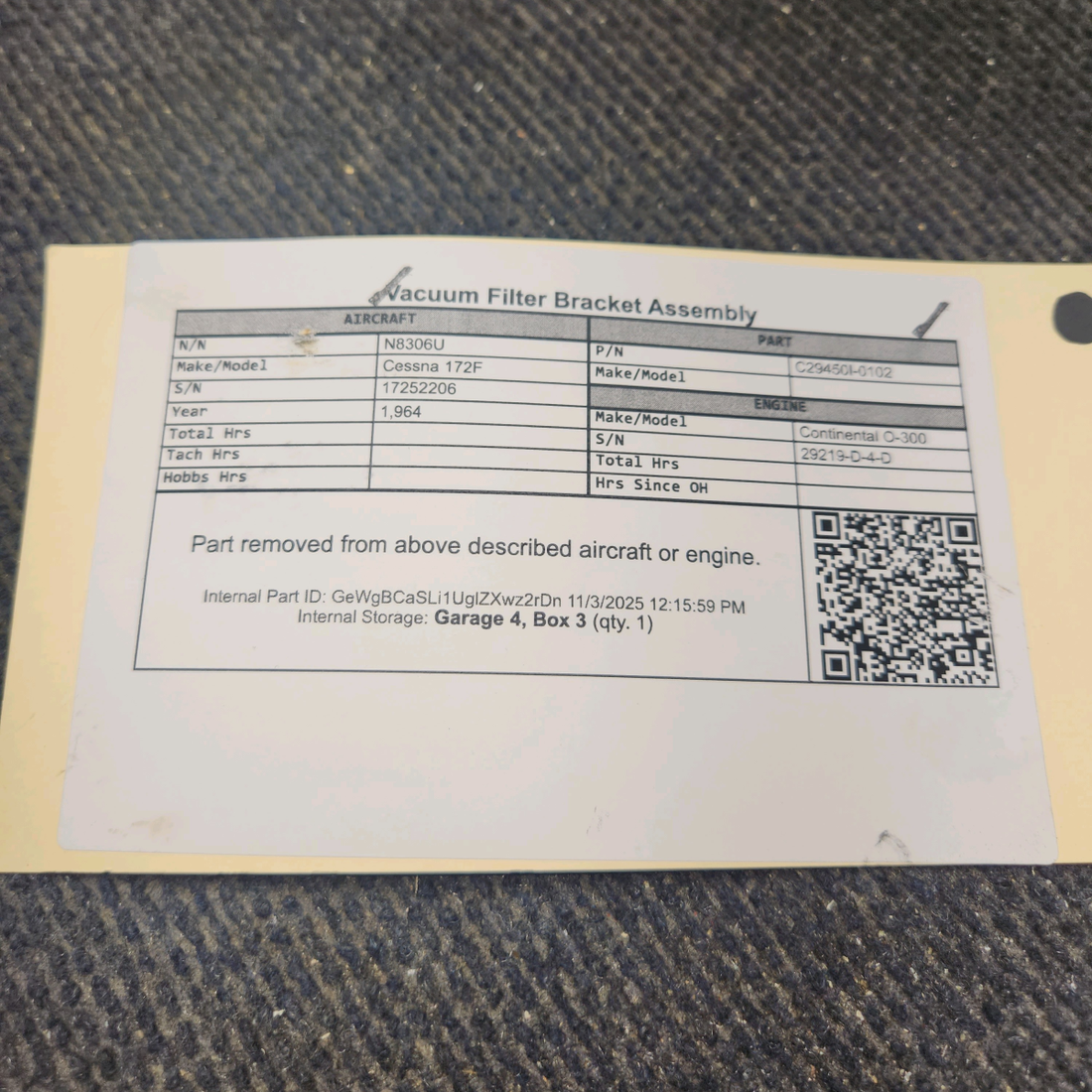 Used aircraft parts for sale, C29450I-0102 Cessna 172F Vacuum Filter Bracket Assembly