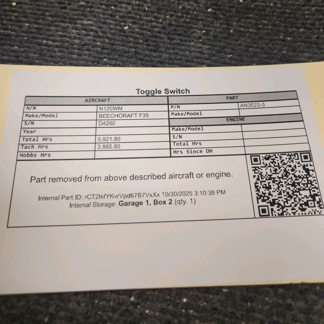 Used aircraft parts for sale, AN3023-3 BEECHCRAFT F35 Toggle Switch