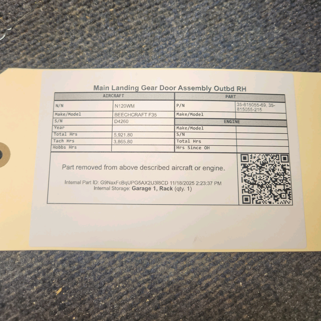 Used aircraft parts for sale, 35-815055-69 Beechcraft F35 Outboard Main Landing Gear Door Assembly - RH