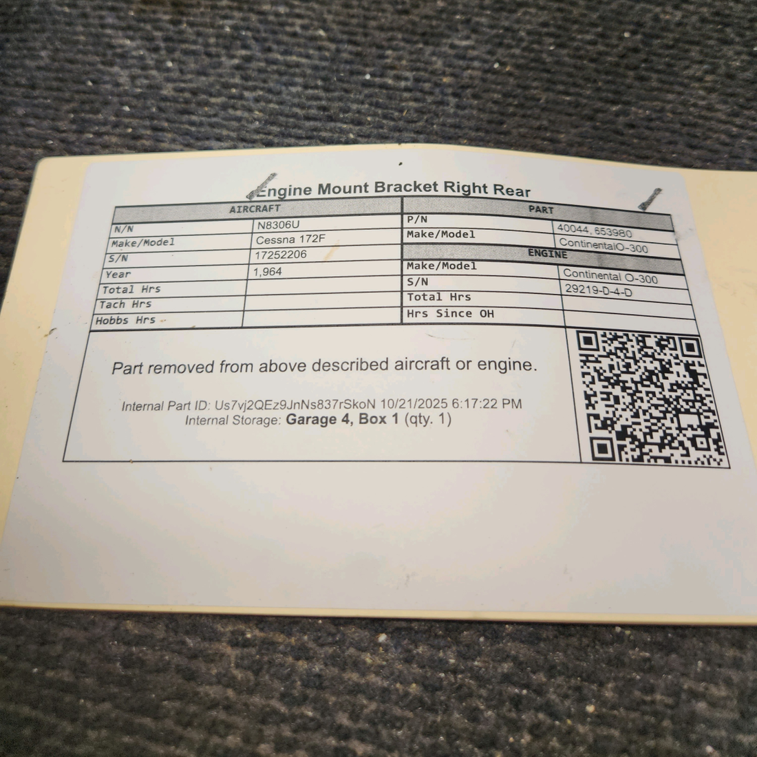 Used aircraft parts for sale, 40044 Continental O-300-D Cessna 172F Engine Mount Bracket Right Rear