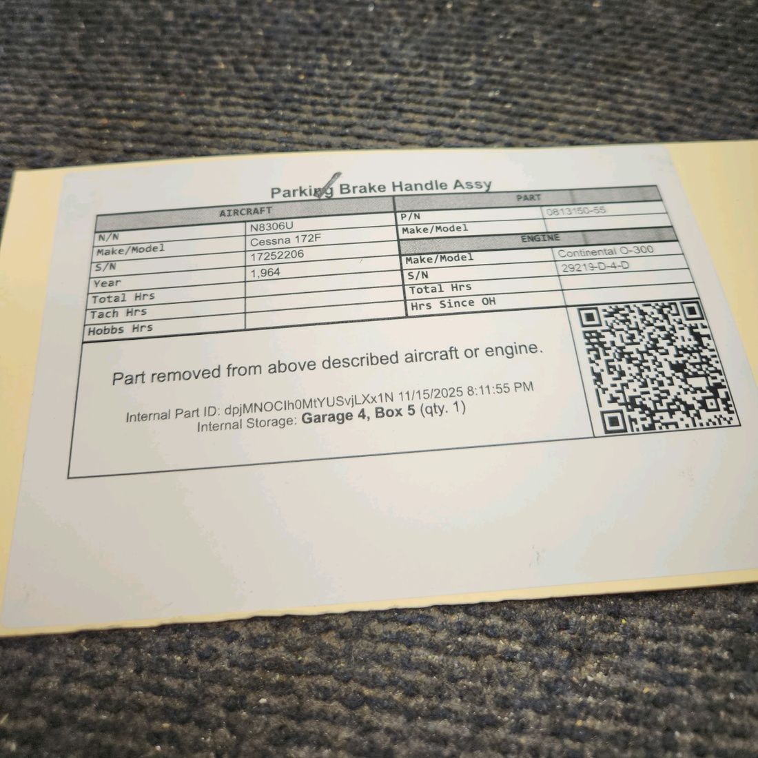 Used aircraft parts for sale, 0813150-55 Cessna 172F Parking Brake Handle Assy