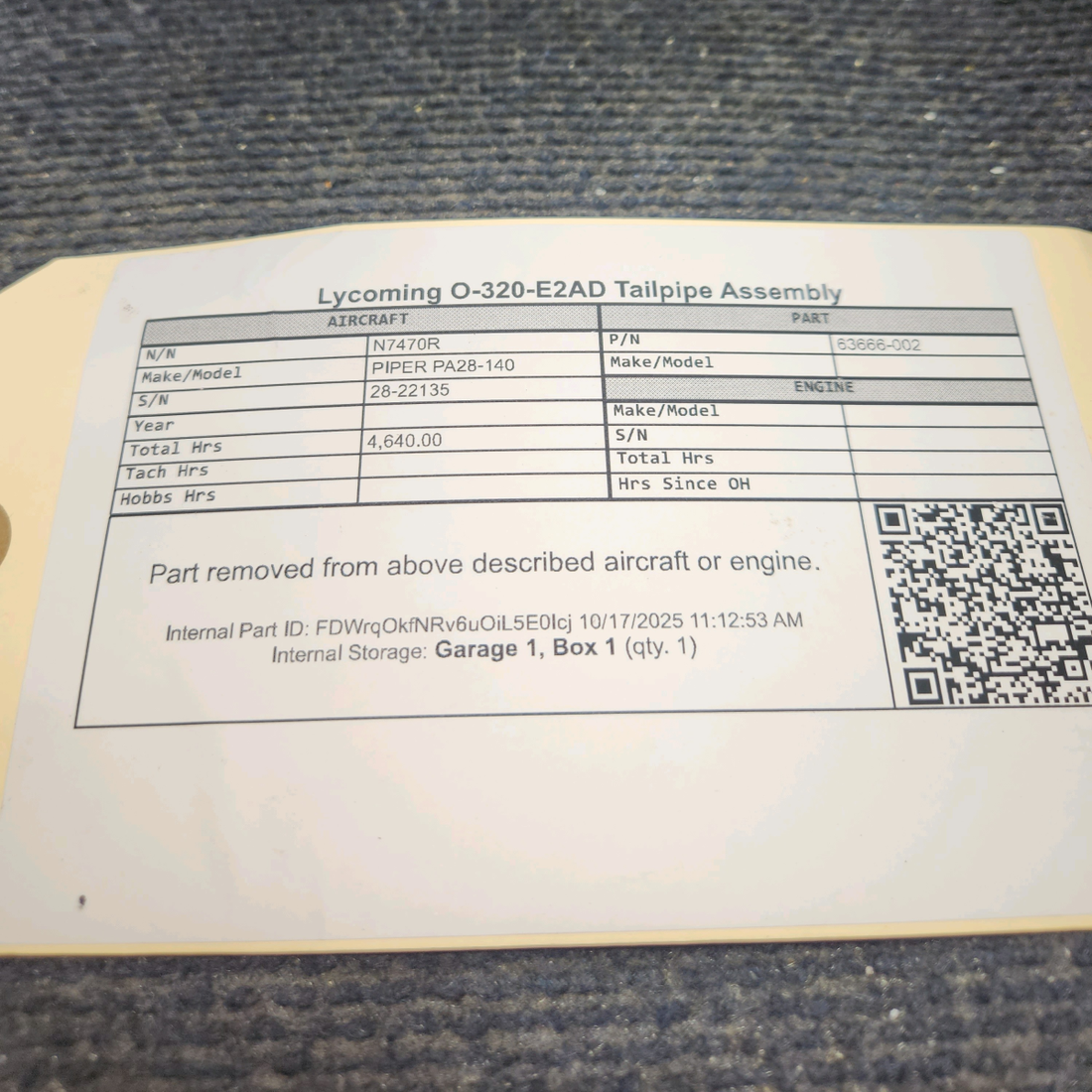Used aircraft parts for sale, 63666-002 Lycoming O-320-E2AD PIPER PA28-140 Tailpipe Assembly