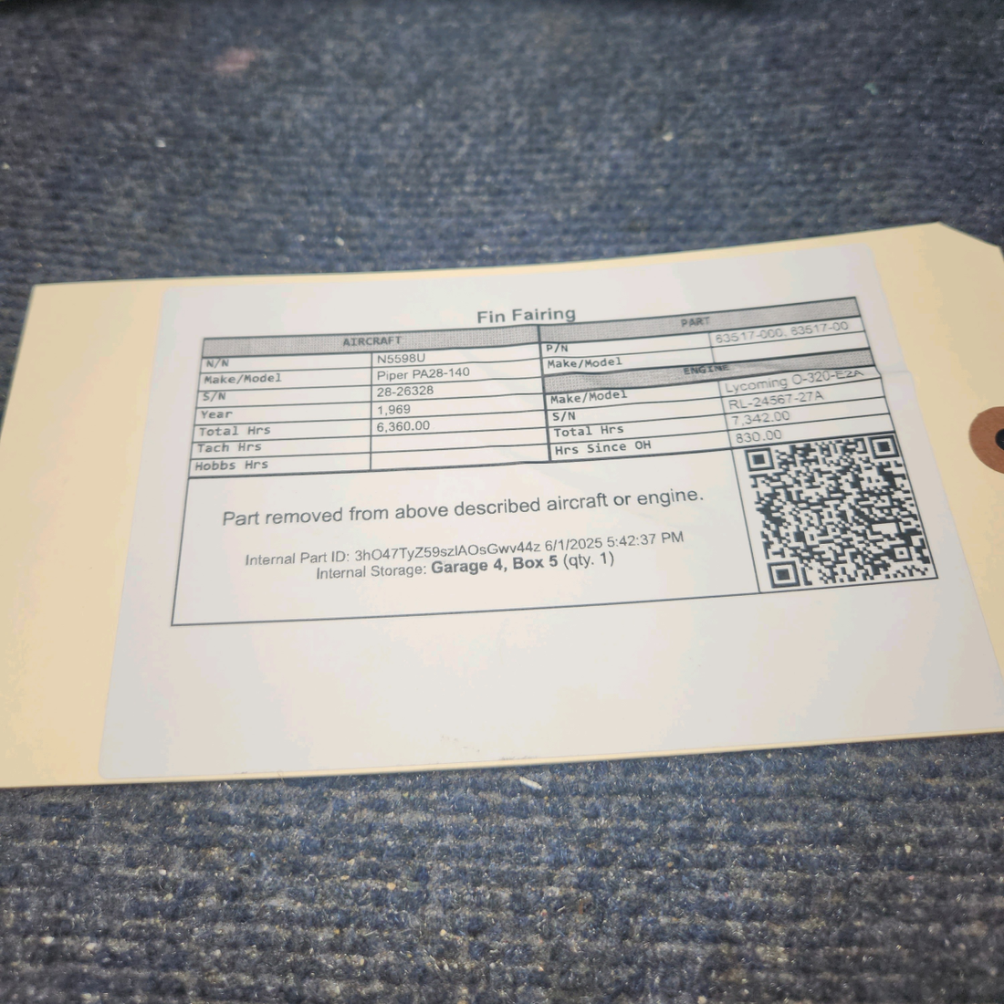 Used aircraft parts for sale, 63517-000 Piper PA28-140 Fin Fairing