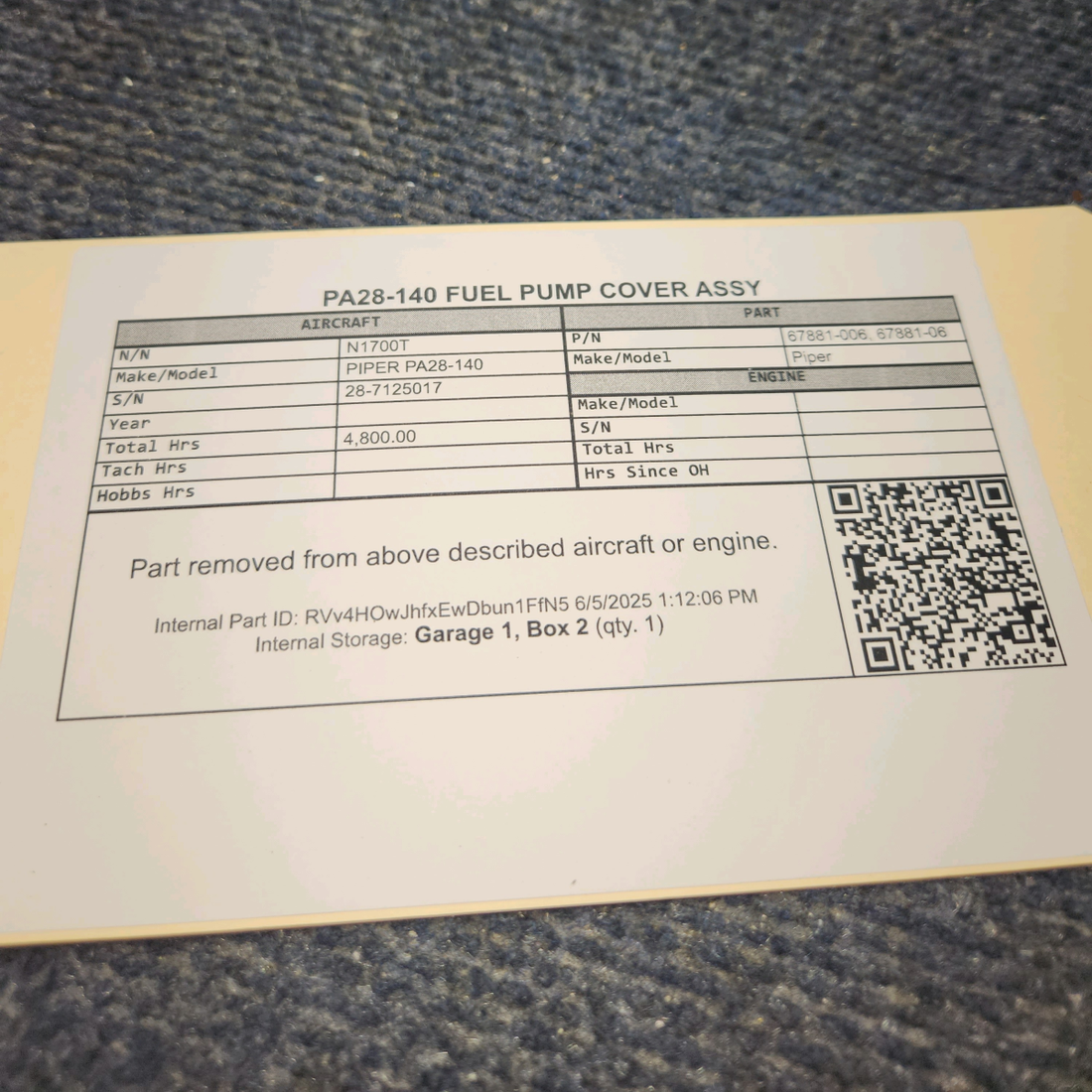 Used aircraft parts for sale, 67881-006 PIPER PA28-140 Fuel Pump Cover Assy