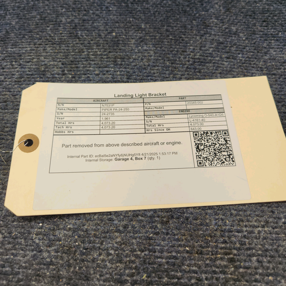 Used aircraft parts for sale, 20345-002 PIPER PA-24-250 Landing Light Bracket