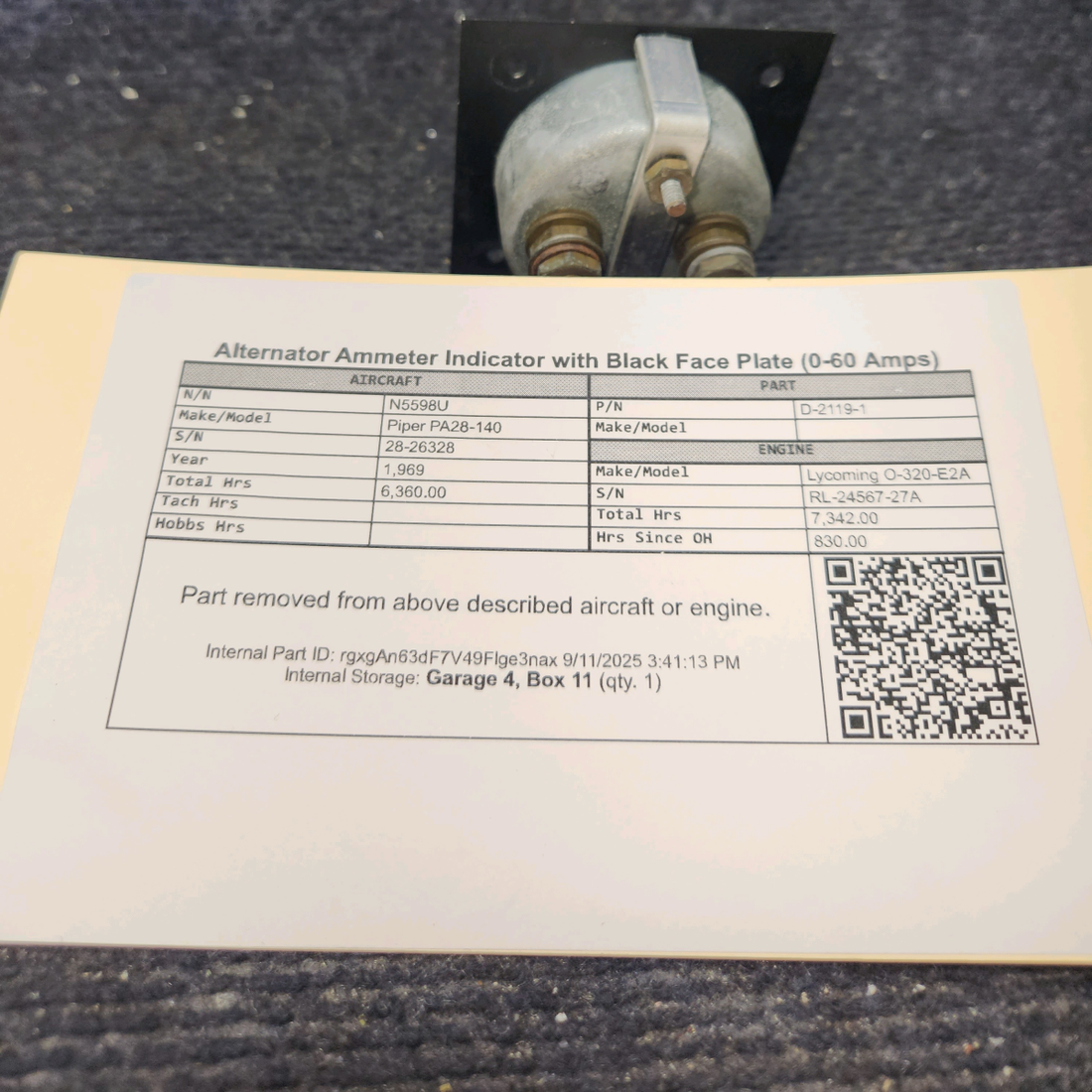 Used aircraft parts for sale, D-2119-1 Piper PA28-140 Alternator Ammeter Indicator with Black Faceplate (0–60 Amps)