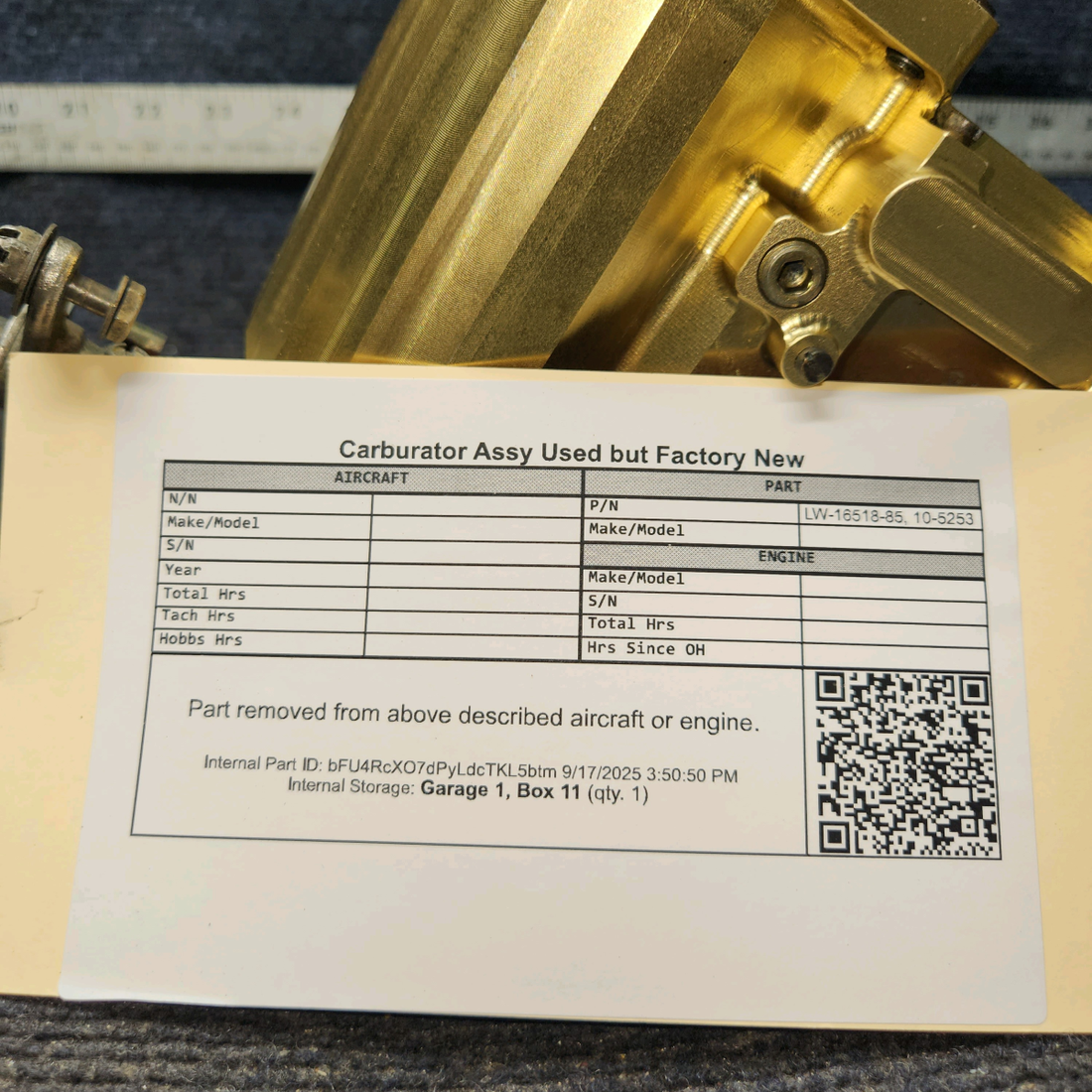 Used aircraft parts for sale, LW-16518-85 Carburetor Assembly – Used, Appears Factory New
