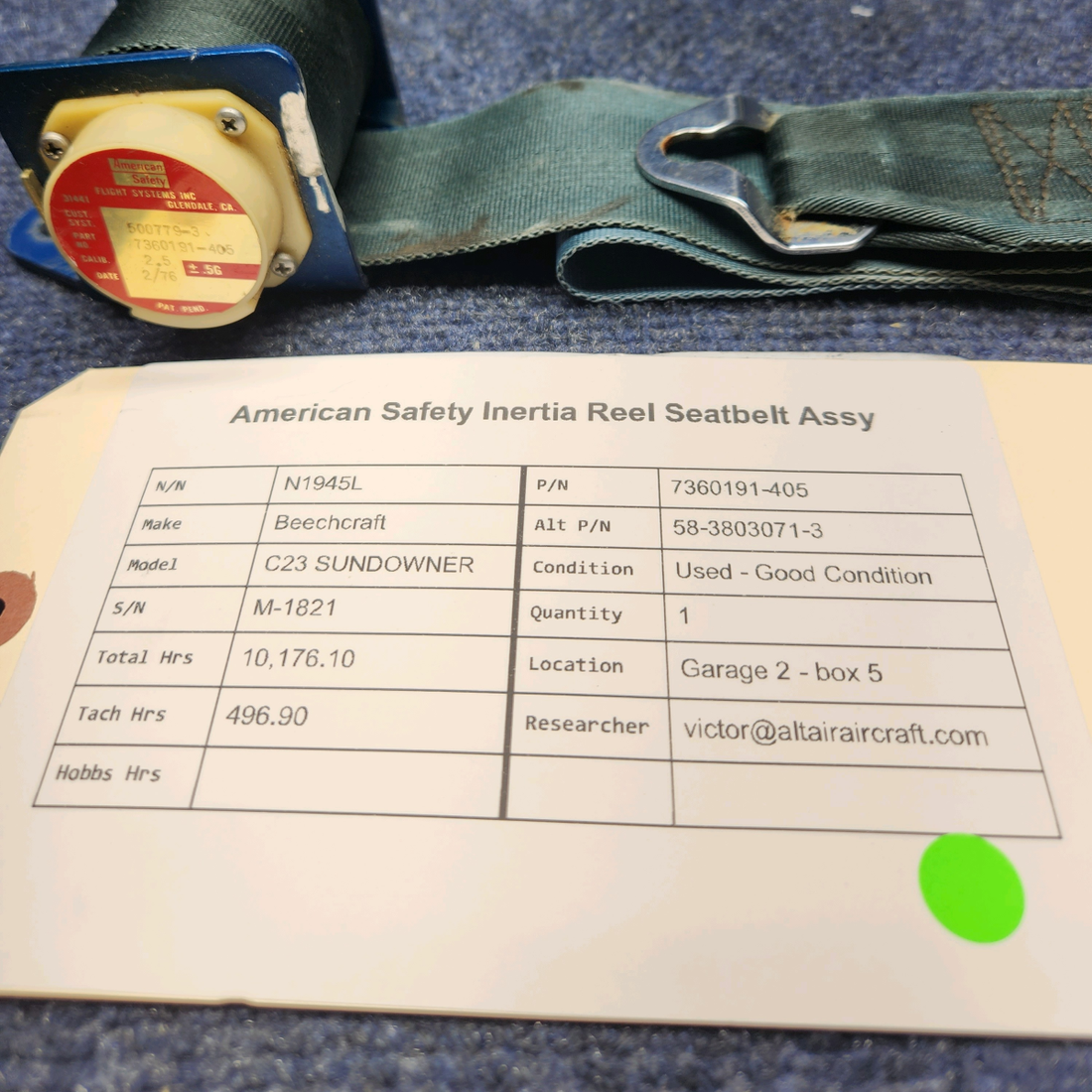 Used aircraft parts for sale, 7360191-405 America Safety Beechcraft C23 SUNDOWNER INERTIA REEL SEATBELT ASSY