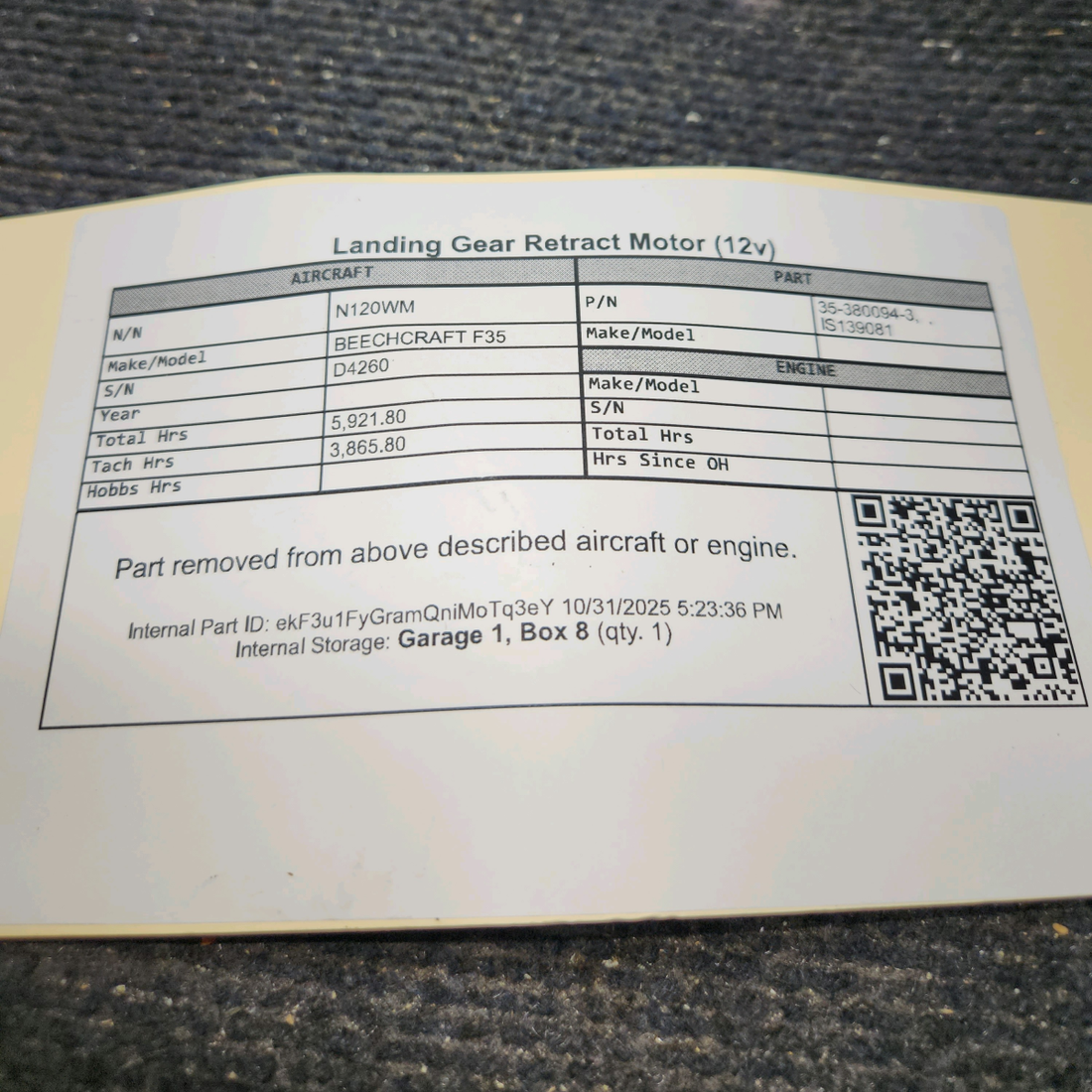 Used aircraft parts for sale, 35-380094-3 Lamb Electric BEECHCRAFT F35 Landing Gear Retract Motor (12v)