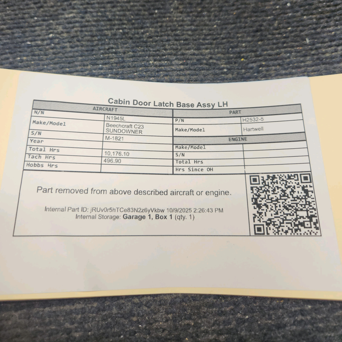 Used aircraft parts for sale, H2532-5 Hartwell Beechcraft C23 SUNDOWNER Cabin Door Latch Base Assy LH