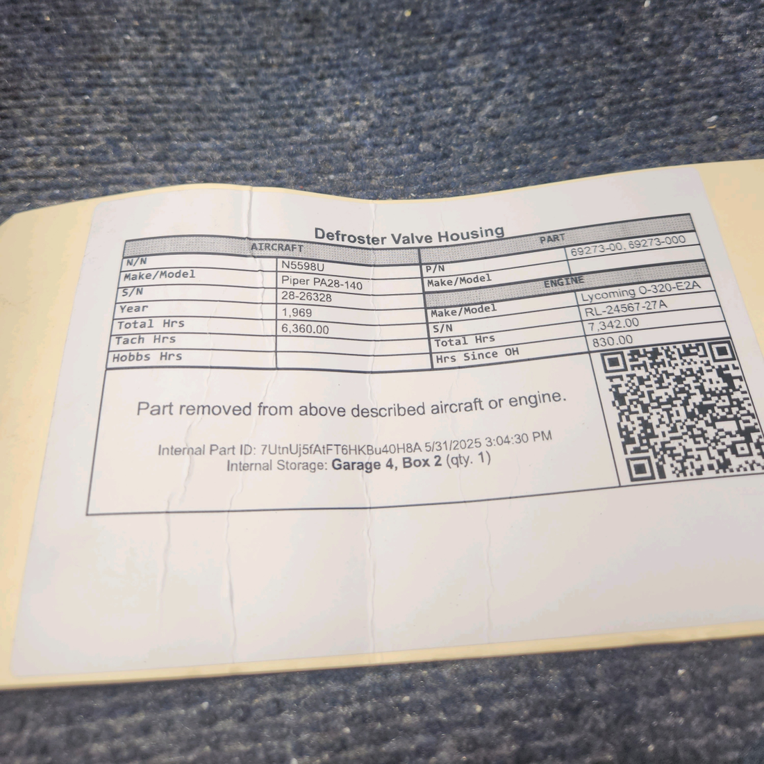 Used aircraft parts for sale, 69273-000 Piper PA28-140 Defroster Valve Housing