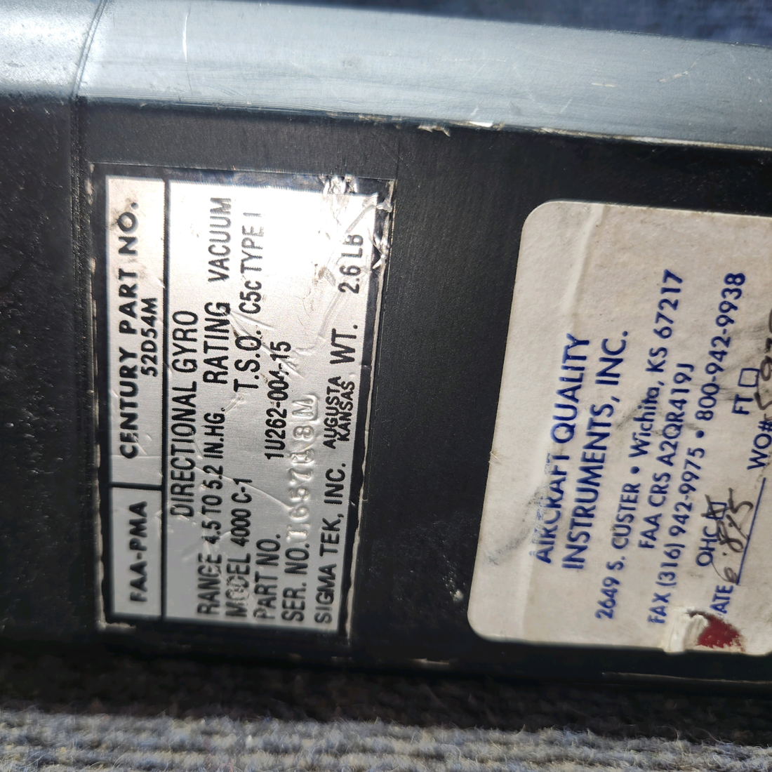Used aircraft parts for sale, 1U262-004-15 Sigma-Tek 4000C-1 cessna 172N Directional Gyro Indicator