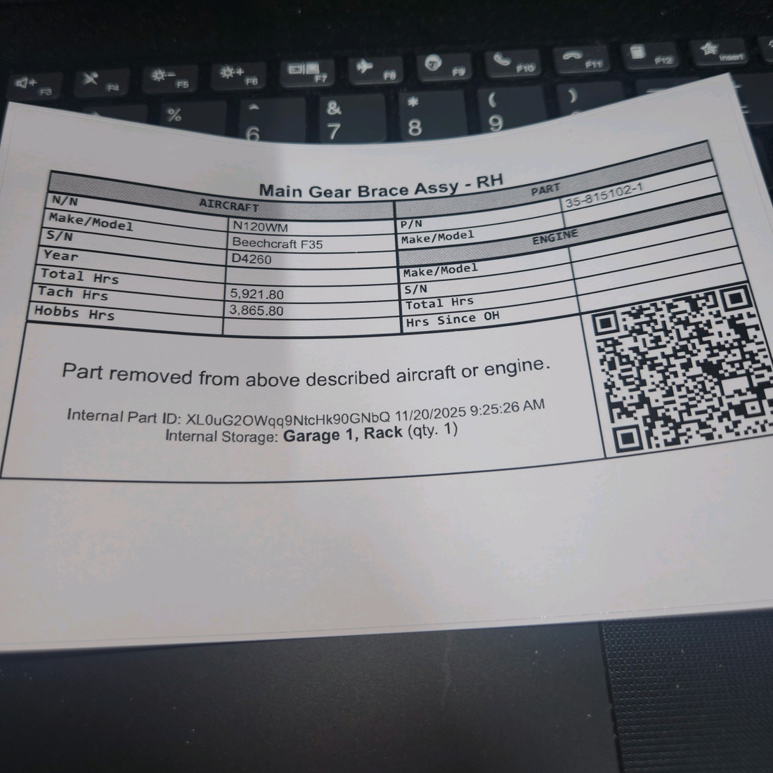 Used aircraft parts for sale, 35-815102-1 Beechcraft F35 Main Gear Brace Assy - RH