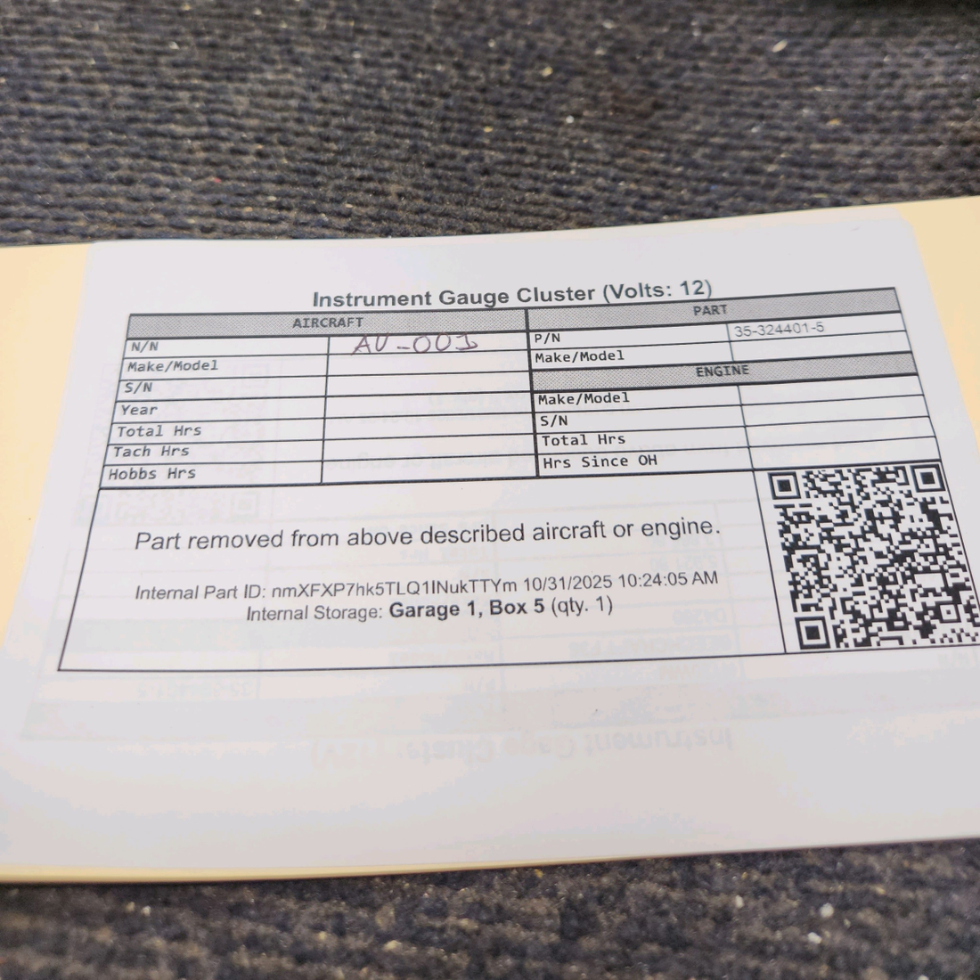 Used aircraft parts for sale, 35-324401-5 Beechcraft 35-B33 Instrument Gauge Cluster (Volts: 12)