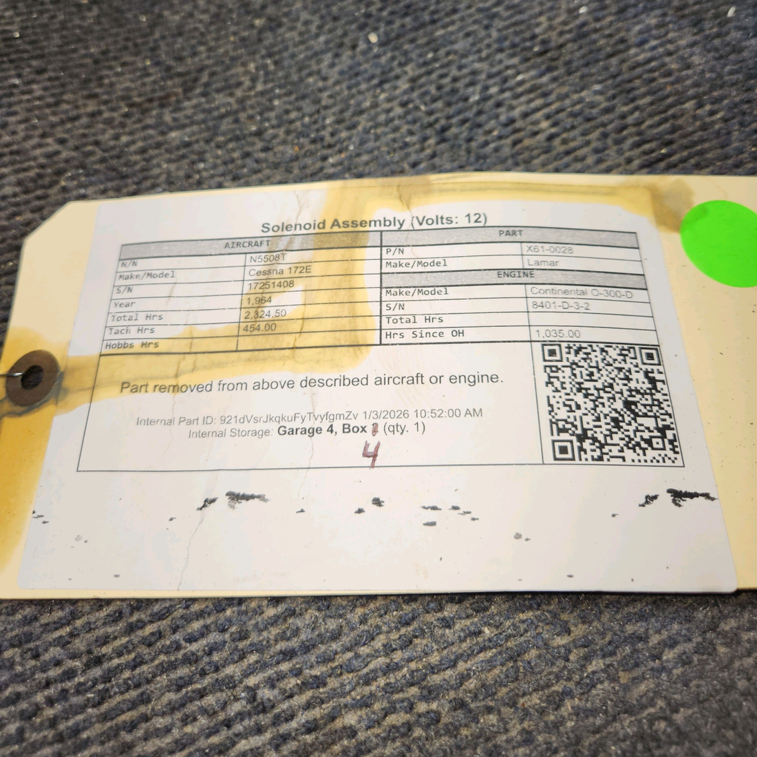 Used aircraft parts for sale, X61-0028 Lamar Cessna 172E Solenoid Assembly (Volts: 12)