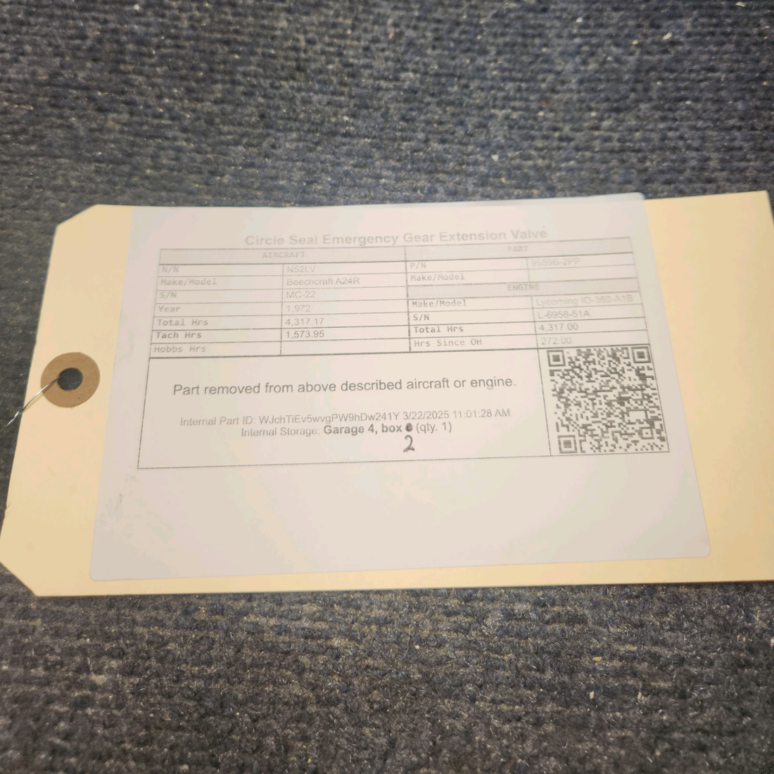 Used aircraft parts for sale, 9559B-2PP Beechcraft A24R Circle Seal Emergency Gear Extension Valve