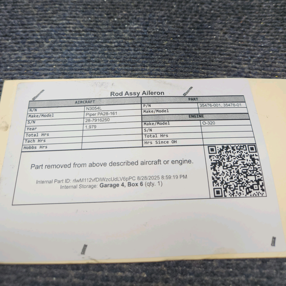 Used aircraft parts for sale, 35476-001 Piper PA28-161 Rod Assy Aileron