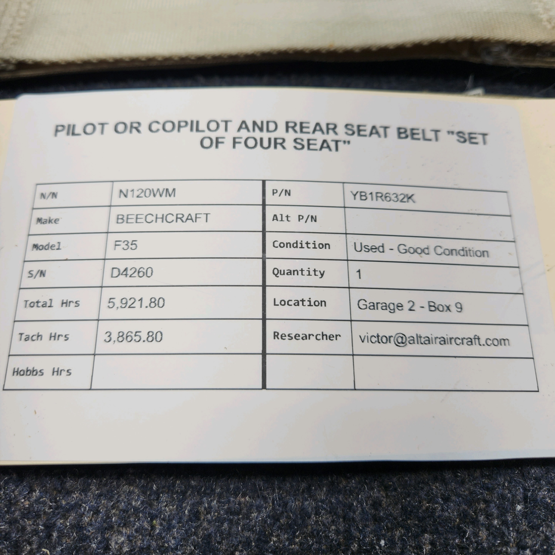 Used aircraft parts for sale, YB1R632K BEECHCRAFT F35 PILOT OR COPILOT AND REAR SEAT BELT "SET OF FOUR SEAT"