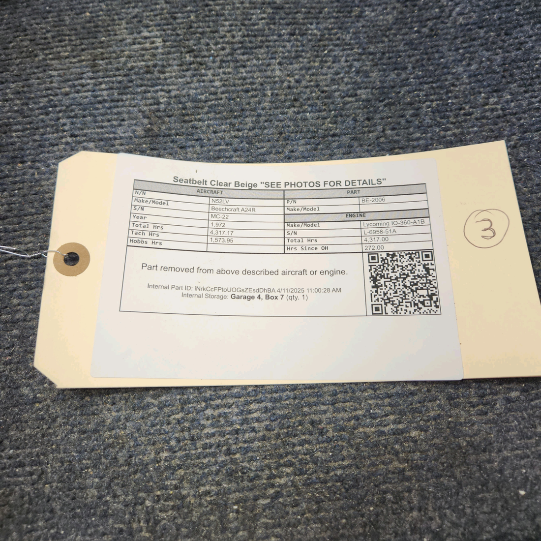 Used aircraft parts for sale, BE-2006 Beechcraft A24R Seatbelt Clear Beige "SEE PHOTOS FOR DETAILS"