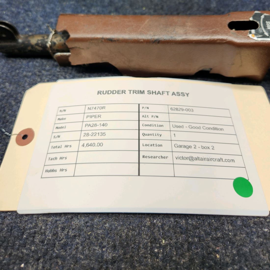 Used aircraft parts for sale, 62829-003 PIPER PA28-140 RUDDER TRIM SHAFT ASSY
