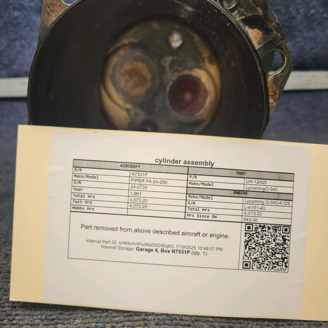 Used aircraft parts for sale, LW-12425 Lycoming O-540 PIPER PA-24-250 Nitrided Cylinder Assembly