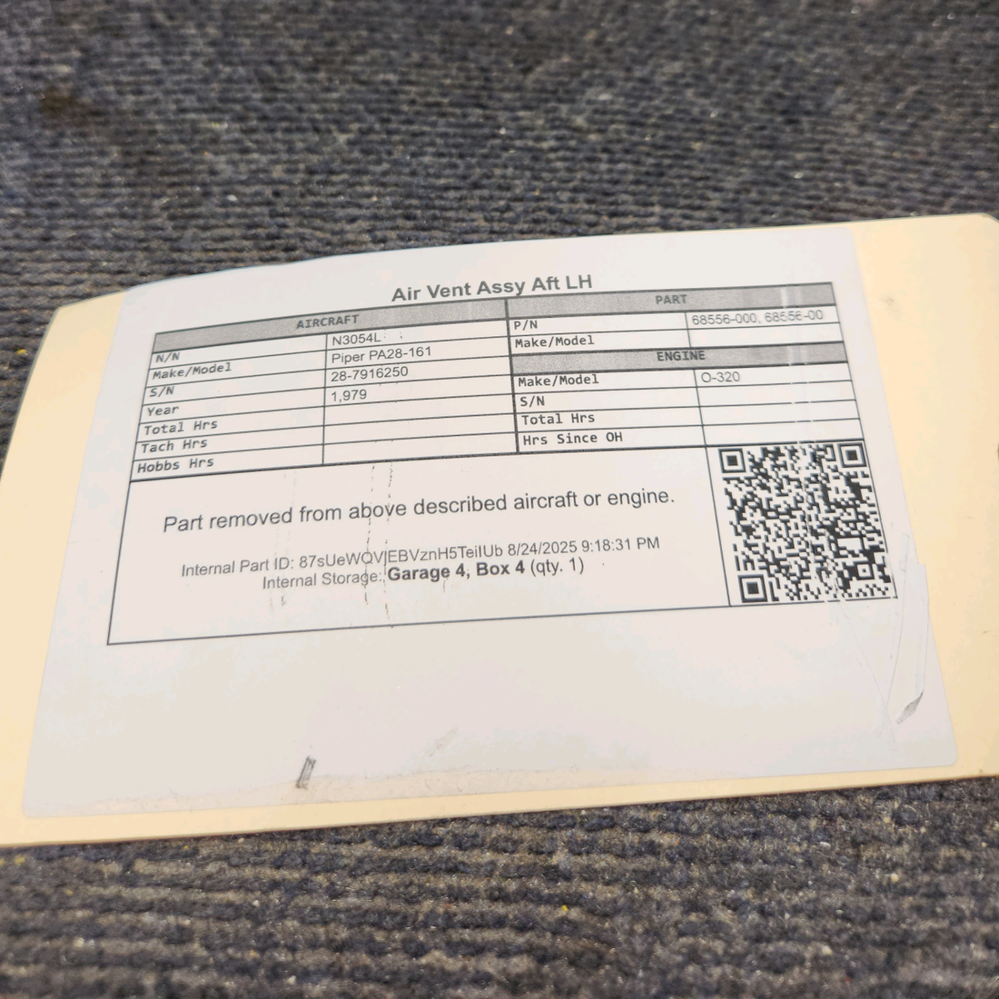 Used aircraft parts for sale, 68556-000 Piper PA28-161 Air Vent Assy Aft - LH