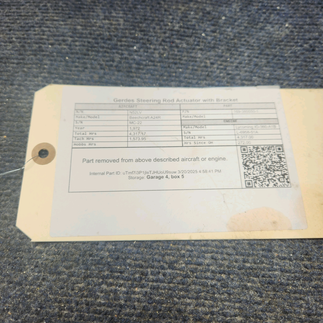 Used aircraft parts for sale, 169-380050-1 Beechcraft A24R Gerdes Steering Rod Actuator with Bracket