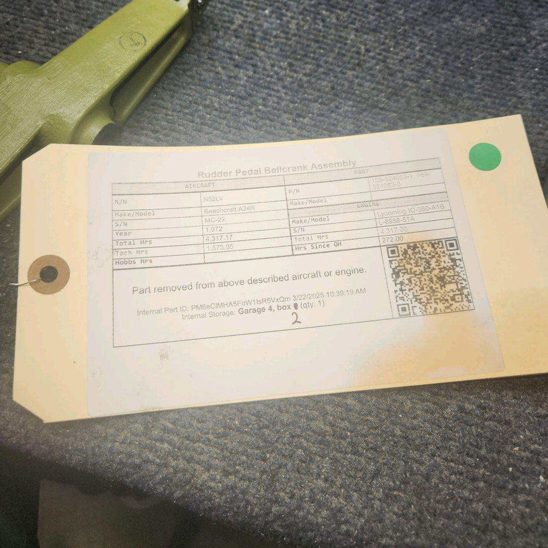 Used aircraft parts for sale, 169-524053-1 Beechcraft A24R Rudder Pedal Bellcrank Assembly