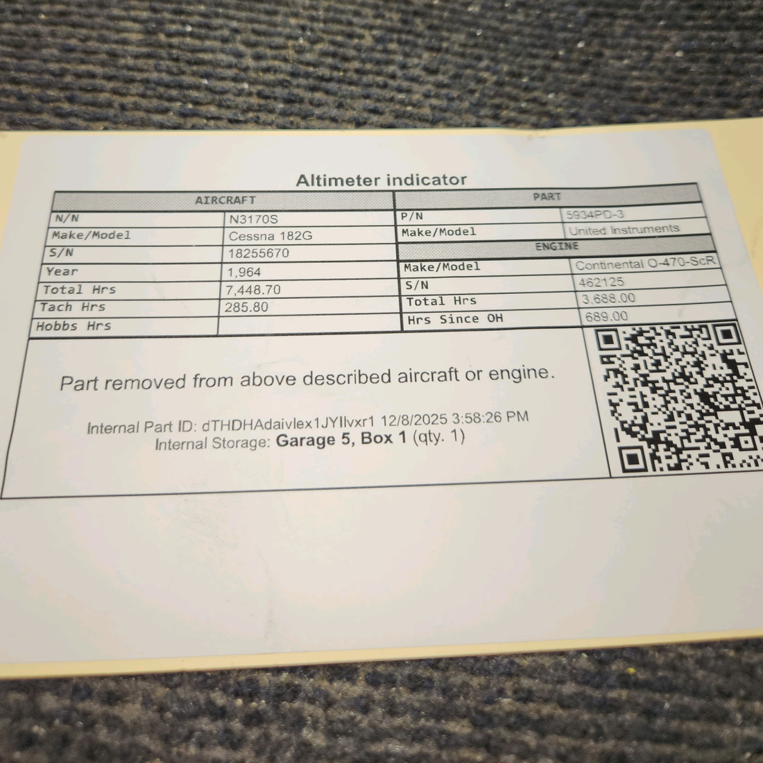 Used aircraft parts for sale, 5934PD-3 United Instruments Cessna 182G Altimeter indicator Code: A.83