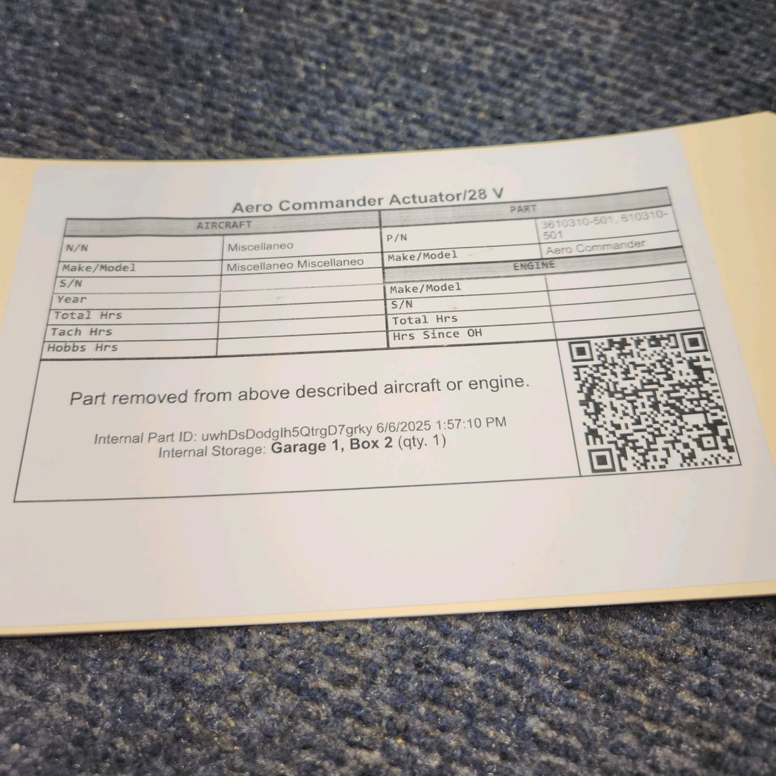 Used aircraft parts for sale, 3610310-501 Aero Commander Actuator - 28 V