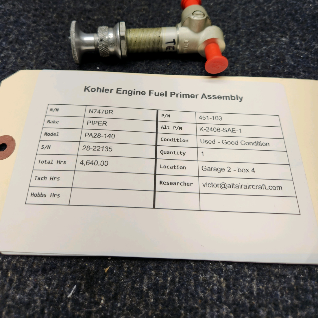 Used aircraft parts for sale, 451-103 Kohler Enginer PIPER PA28-140 FUEL PRIMER ASSEMBLY
