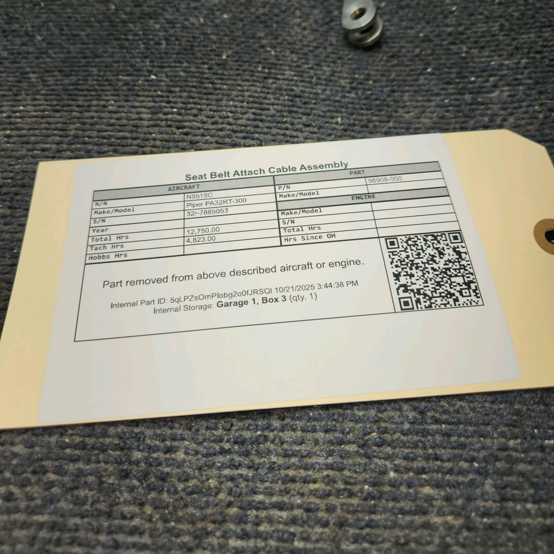 Used aircraft parts for sale, 96908-000 Piper PA32RT-300 Seat Belt Attach Cable Assembly