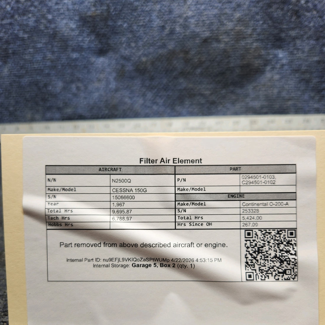 Used aircraft parts for sale, 0294501-0103 cessna 150G Filter Air Element