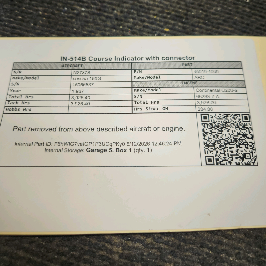 Used aircraft parts for sale, 45010-1000 ARC IN-514B cessna 150G Course Indicator with Connector