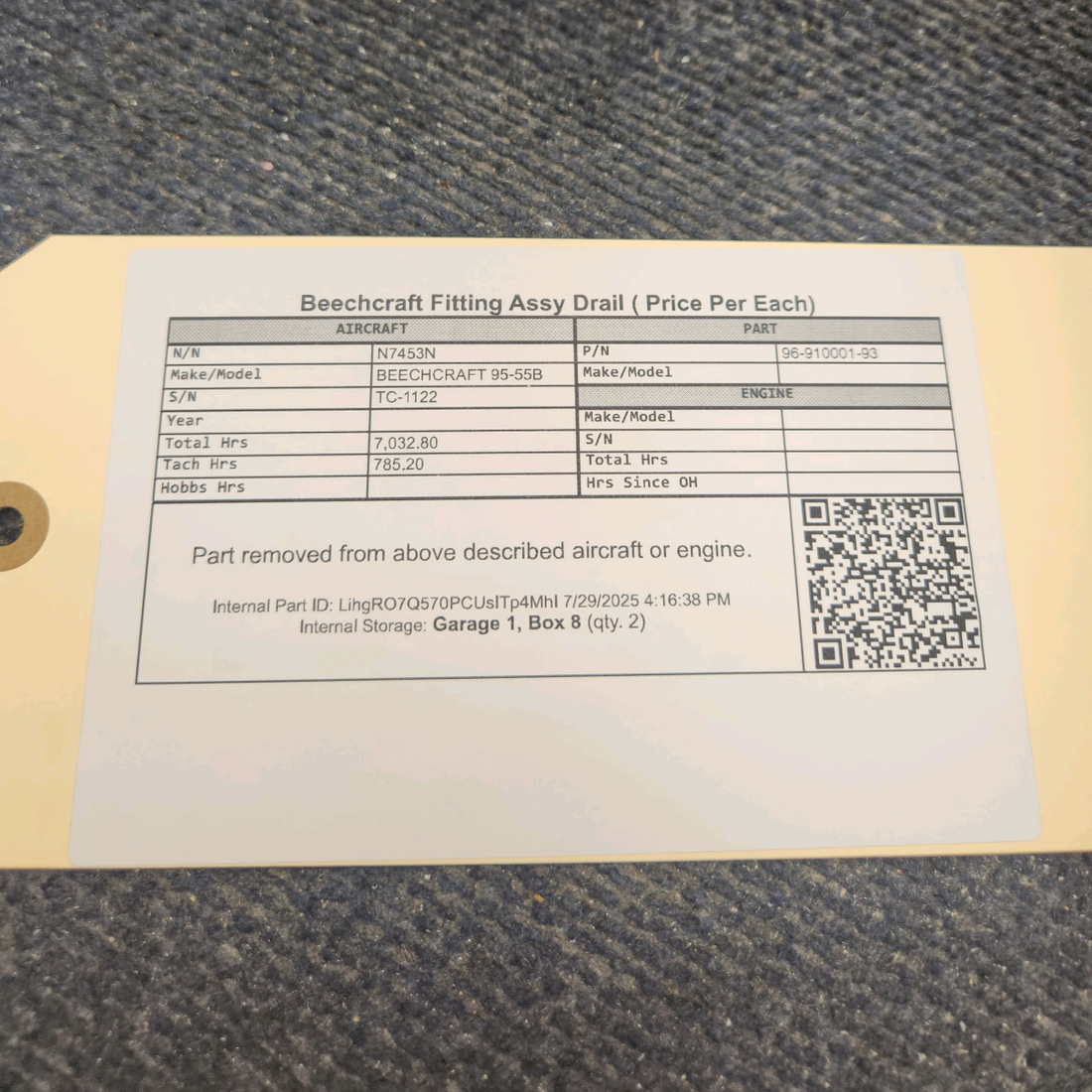 Used aircraft parts for sale, 96-910001-93 BEECHCRAFT 95-55B Fitting Assy Drain - Price per Each