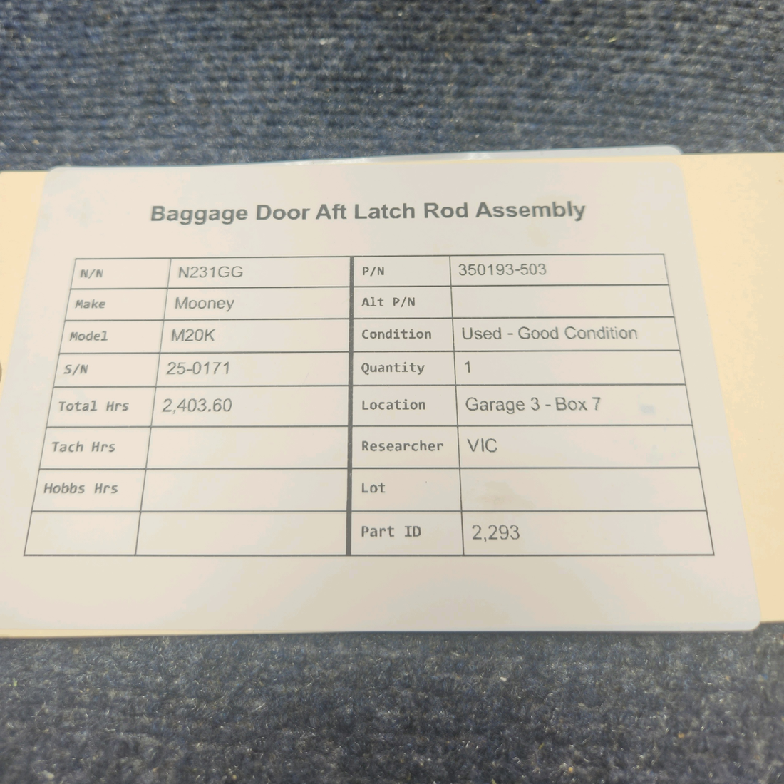 Used aircraft parts for sale, 350193-503 Mooney M20K BAGGAGE DOOR AFT LATCH ROD ASSEMBLY