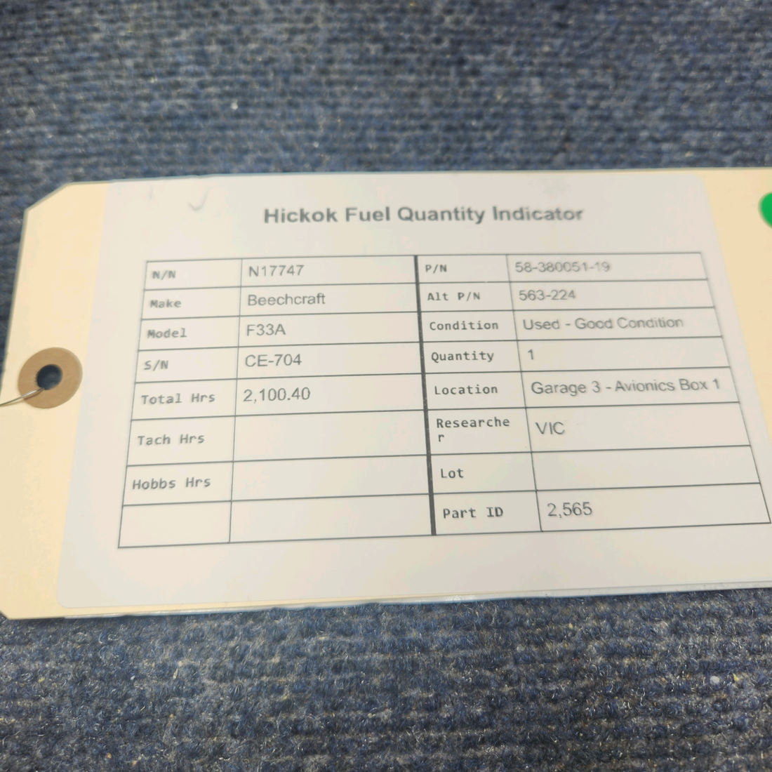 Used aircraft parts for sale, 58-380051-19 Beechcraft F33A HICKOK FUEL QUANTITY INDICATOR