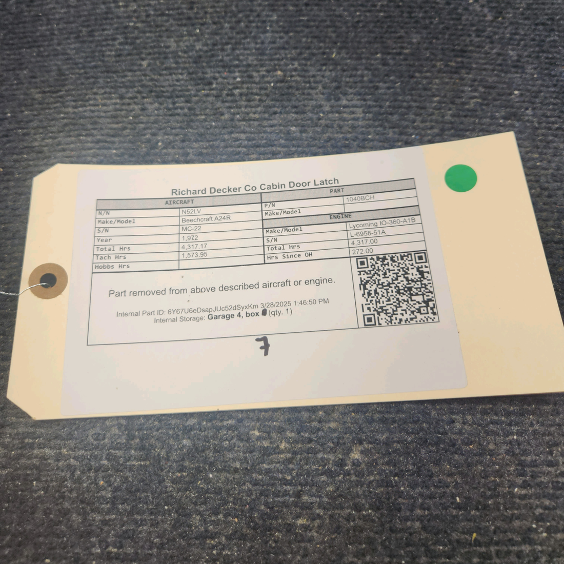 Used aircraft parts for sale, 1040BCH Beechcraft A24R Richard Decker Co Cabin Door Latch