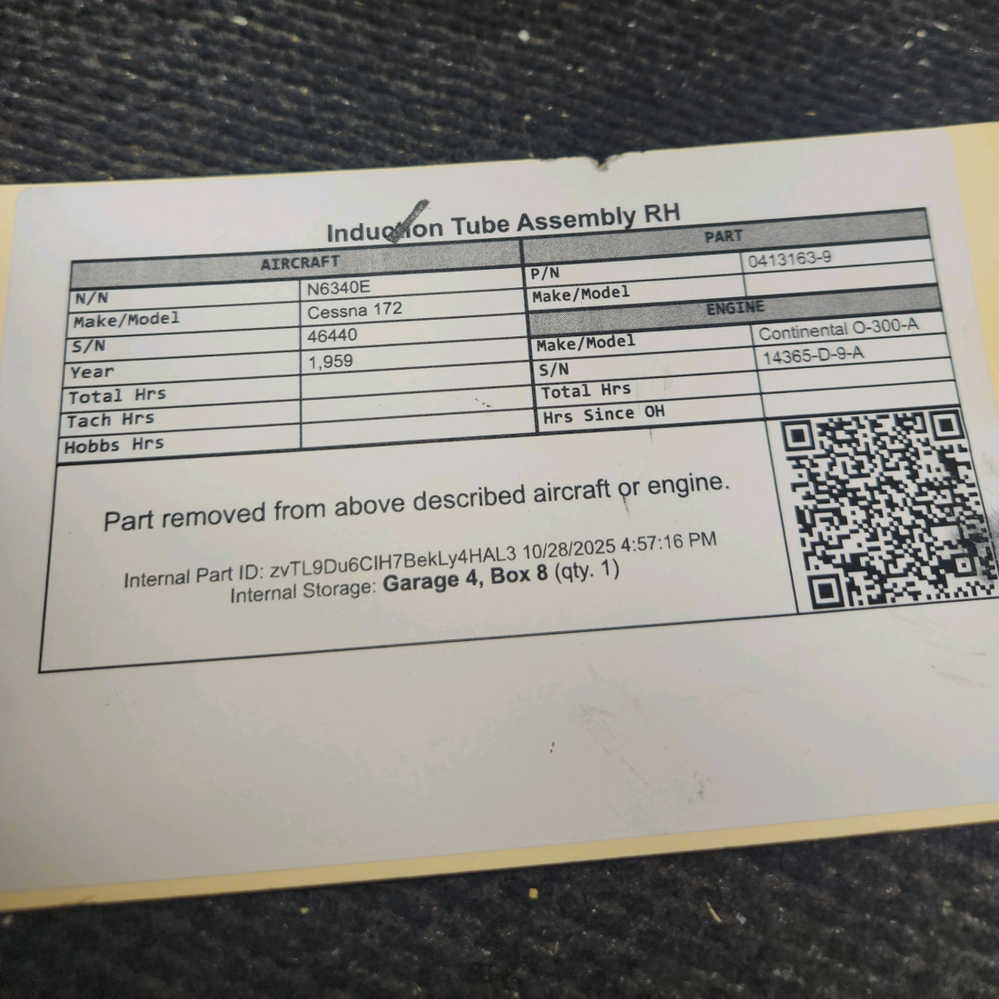 Used aircraft parts for sale, 0413163-9 Cessna 172 Induction Tube Assembly - RH