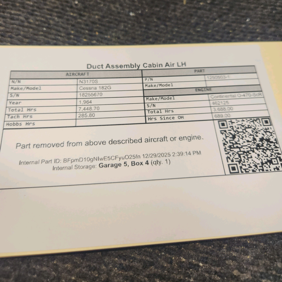 Used aircraft parts for sale, 1250503-1 Cessna 182G Duct Assembly Cabin Air - LH