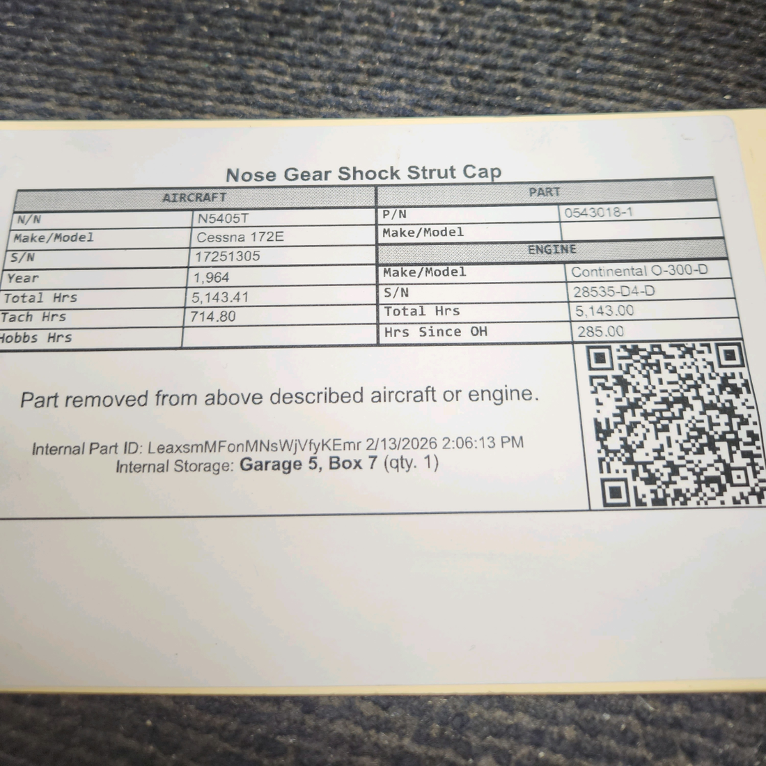 Used aircraft parts for sale, 0543018-1 Cessna 172E Nose Gear Fitting (Cap)