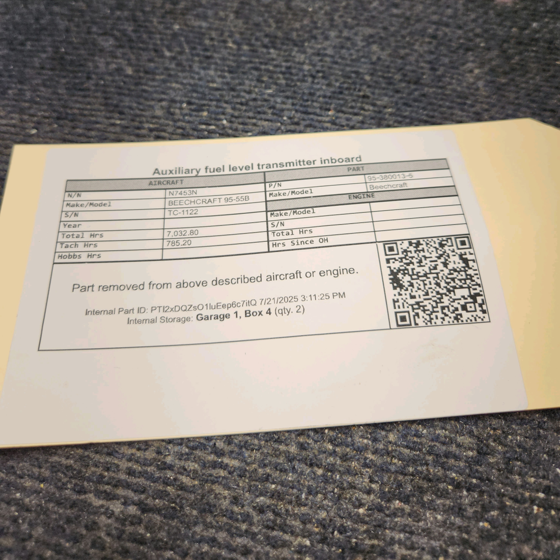 Used aircraft parts for sale, 95‑380013‑5 BEECHCRAFT 95-55B Inboard Auxiliary Fuel Level Transmitter