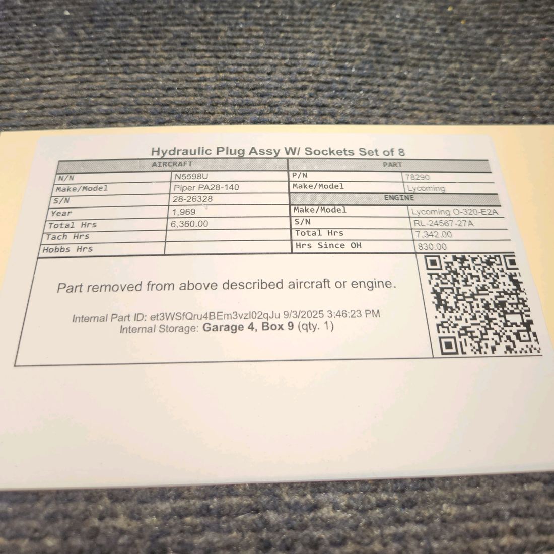 Used aircraft parts for sale, 78290 Lycoming O-320 Piper PA28-140 Hydraulic Plug Assy W/ Sockets Set of 8 with 8130-1